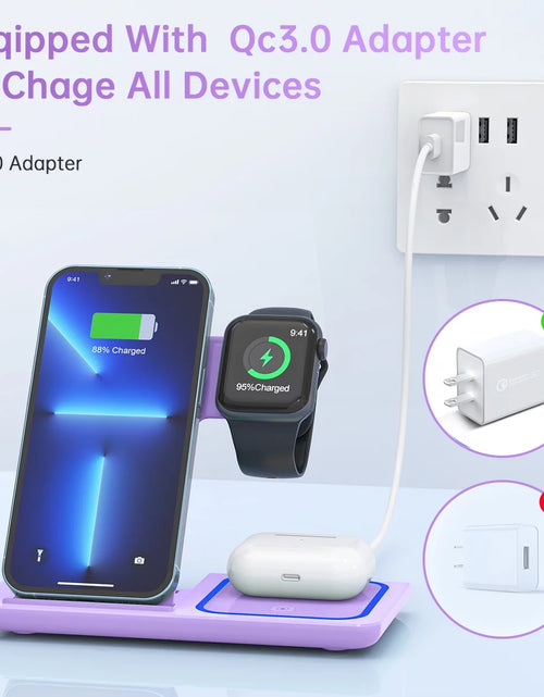 Load image into Gallery viewer, Wireless Charging Station, 3 in 1 Wireless Charger for Iphone 17/16/15/14/13/12/11/Pro/Pro Max/Xs, 18W Charging Dock for Iwatch Series 11 10 9 8 7 6 5 4 3 2, Airpods 4/3/2/Pro(Purple)
