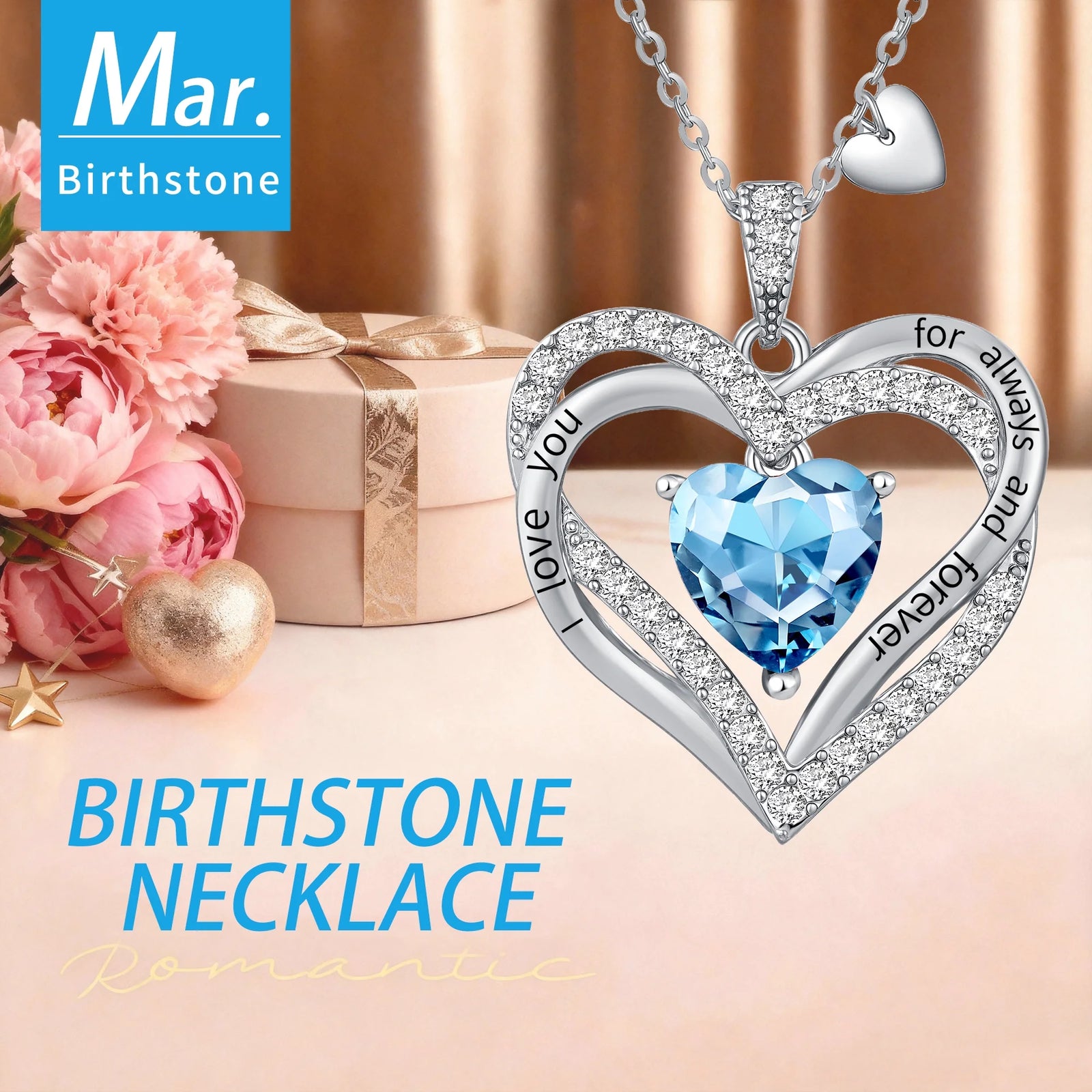 Love Pendant Necklaces for Women with Birthstone Zirconia, Christmas Birthday Anniversary Jewelry Gift for Women Wife