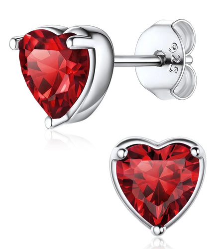 925 Sterling Silver Heart Birthstone Earrings, Synthetic Garnet Studs Cute Gift for Birthday Valentine'S Day, Party & Daily Wear Accessory for Women