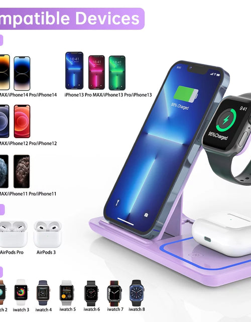 Load image into Gallery viewer, Wireless Charging Station, 3 in 1 Wireless Charger for Iphone 17/16/15/14/13/12/11/Pro/Pro Max/Xs, 18W Charging Dock for Iwatch Series 11 10 9 8 7 6 5 4 3 2, Airpods 4/3/2/Pro(Purple)
