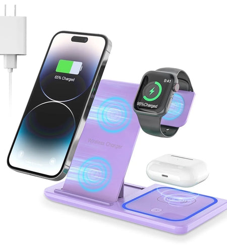 Wireless Charging Station, 3 in 1 Wireless Charger for Iphone 17/16/15/14/13/12/11/Pro/Pro Max/Xs, 18W Charging Dock for Iwatch Series 11 10 9 8 7 6 5 4 3 2, Airpods 4/3/2/Pro(Purple)