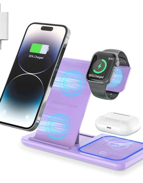 Load image into Gallery viewer, Wireless Charging Station, 3 in 1 Wireless Charger for Iphone 17/16/15/14/13/12/11/Pro/Pro Max/Xs, 18W Charging Dock for Iwatch Series 11 10 9 8 7 6 5 4 3 2, Airpods 4/3/2/Pro(Purple)
