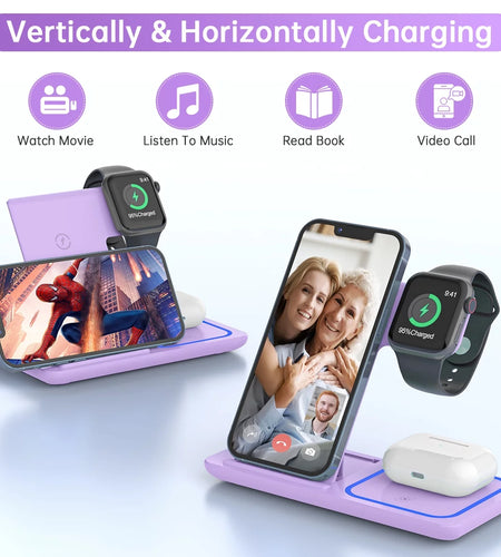Wireless Charging Station, 3 in 1 Wireless Charger for Iphone 17/16/15/14/13/12/11/Pro/Pro Max/Xs, 18W Charging Dock for Iwatch Series 11 10 9 8 7 6 5 4 3 2, Airpods 4/3/2/Pro(Purple)