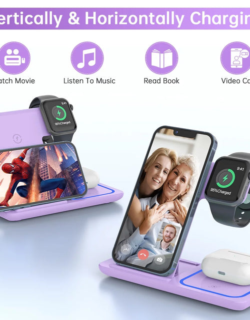 Load image into Gallery viewer, Wireless Charging Station, 3 in 1 Wireless Charger for Iphone 17/16/15/14/13/12/11/Pro/Pro Max/Xs, 18W Charging Dock for Iwatch Series 11 10 9 8 7 6 5 4 3 2, Airpods 4/3/2/Pro(Purple)
