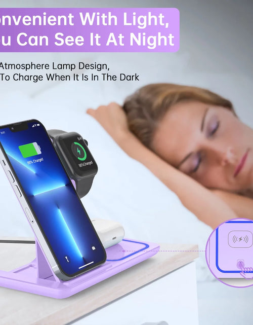 Load image into Gallery viewer, Wireless Charging Station, 3 in 1 Wireless Charger for Iphone 17/16/15/14/13/12/11/Pro/Pro Max/Xs, 18W Charging Dock for Iwatch Series 11 10 9 8 7 6 5 4 3 2, Airpods 4/3/2/Pro(Purple)
